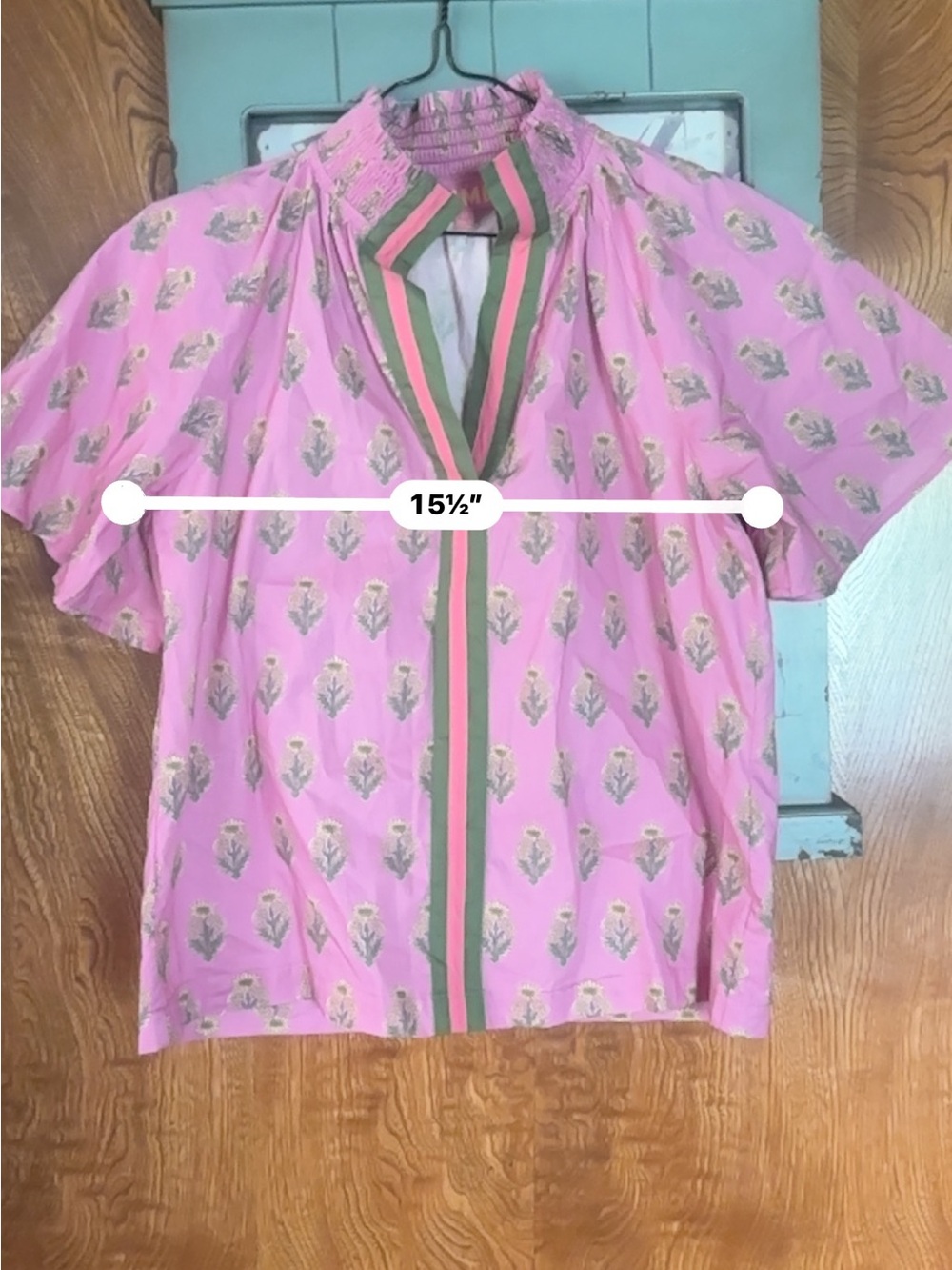 THML Pink Floral Print Short Sleeve Blouse with Green Trim - Picture 4 of 5